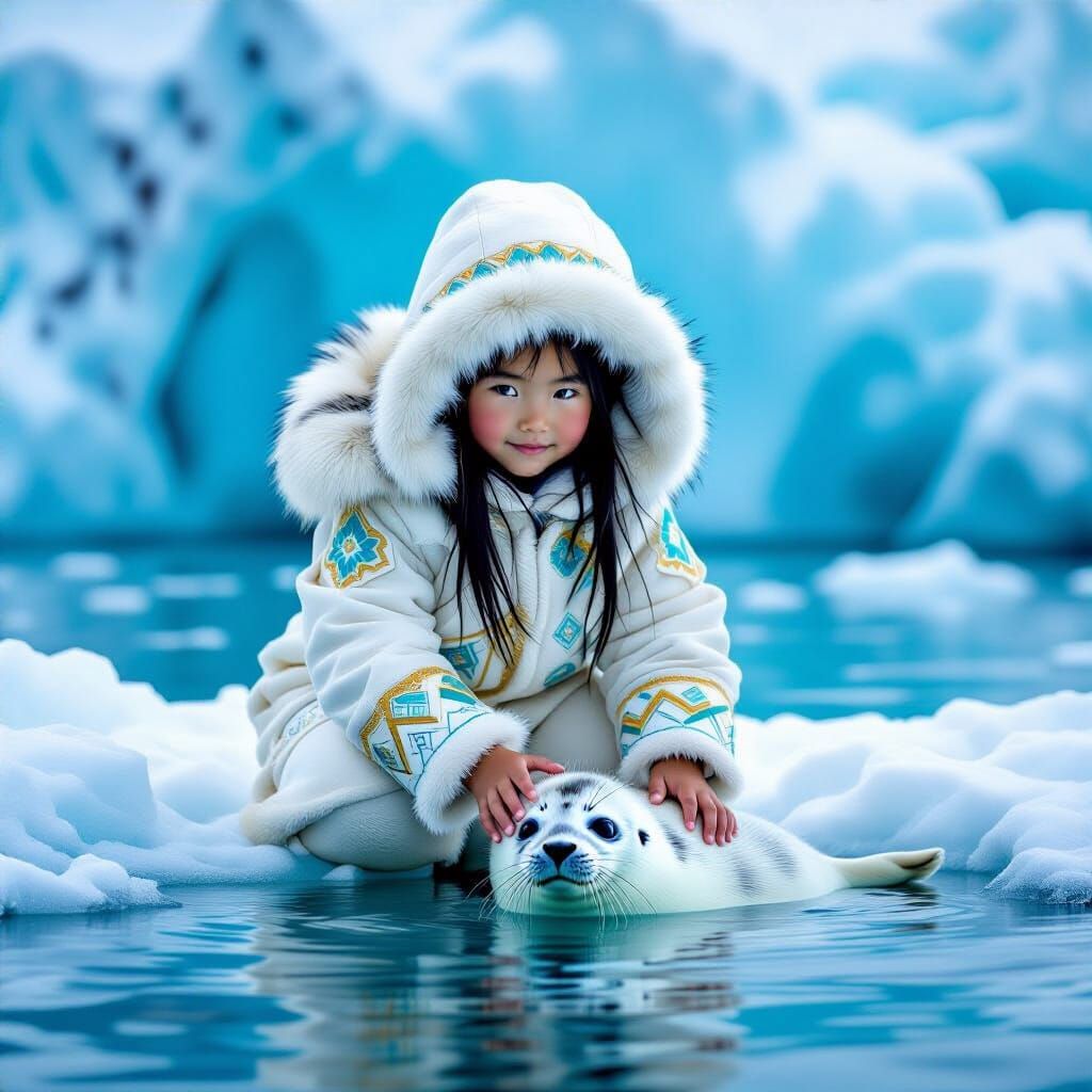 Inuit Girl Gently Petting Seal in Arctic Landscape