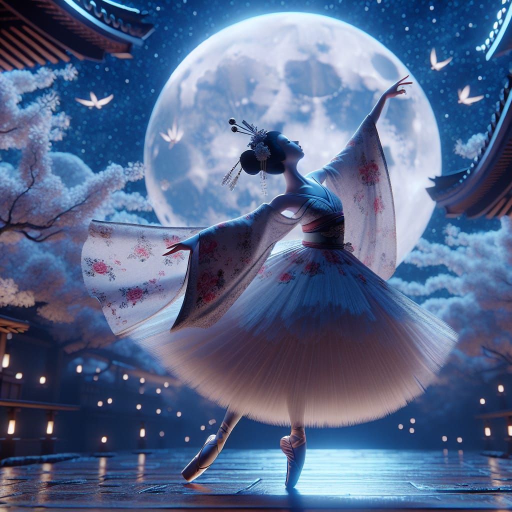 Geisha Ballerina Dance Under Starry Sky: 3D Render