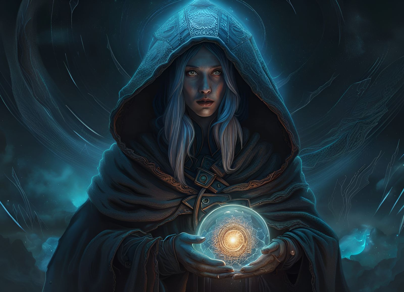 Hooded Witch in Holographic Cosmic Illustration