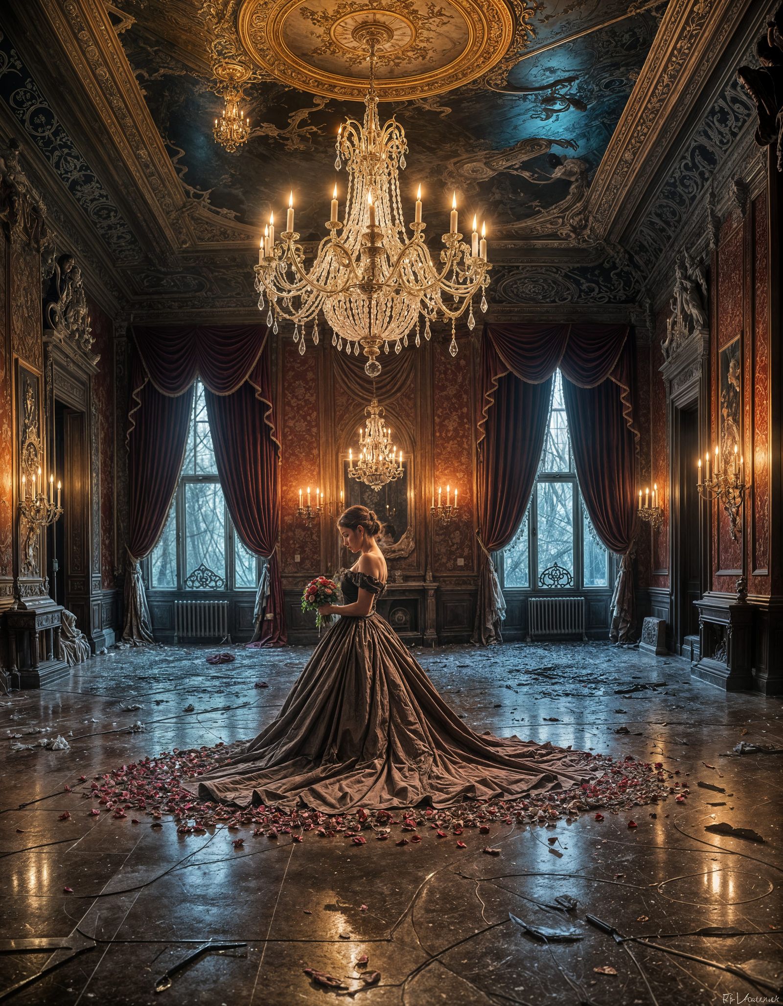 Ghostly Waltz in a Decaying Victorian Ballroom
