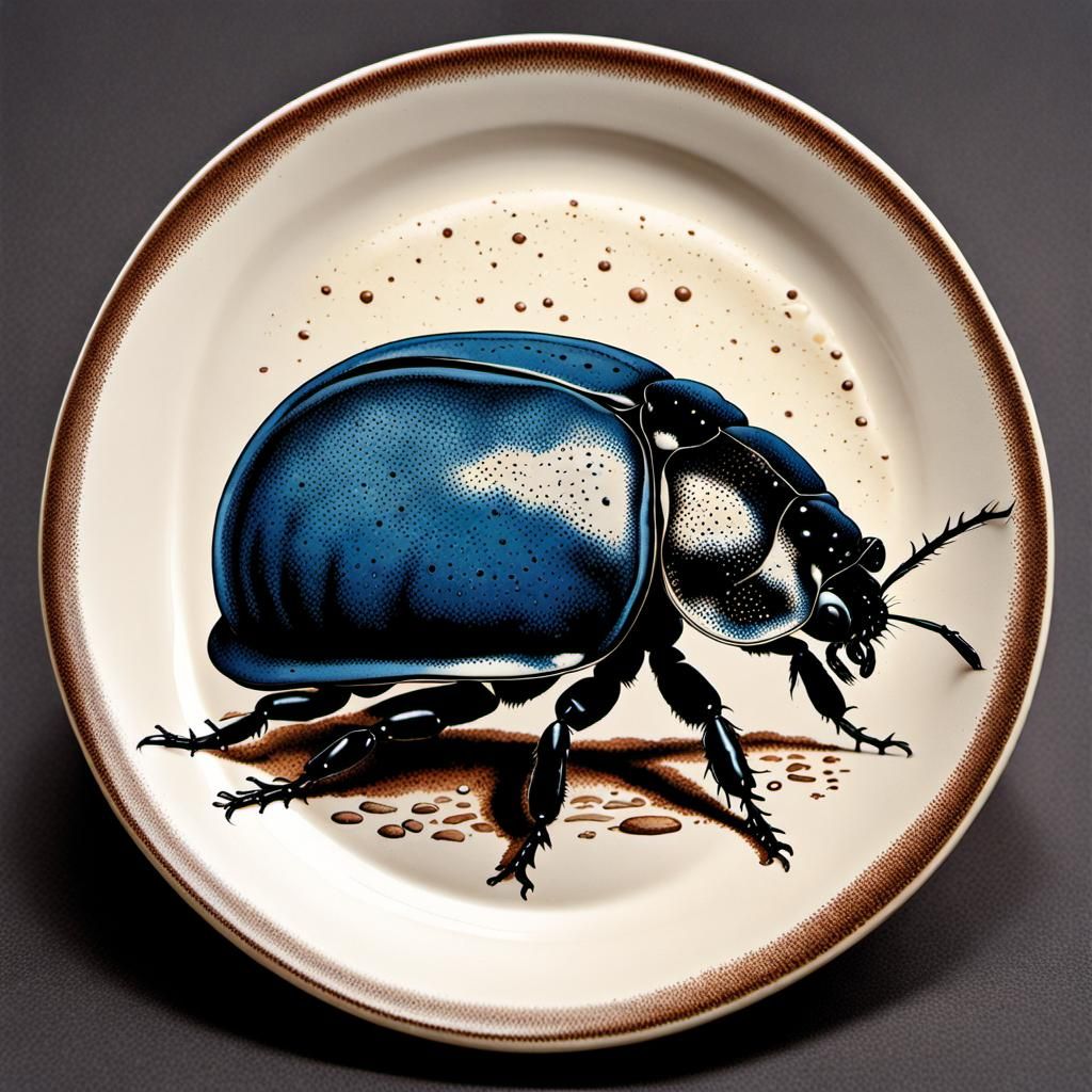 Cerulean Dung Beetle on Speckled Stoneware Plate