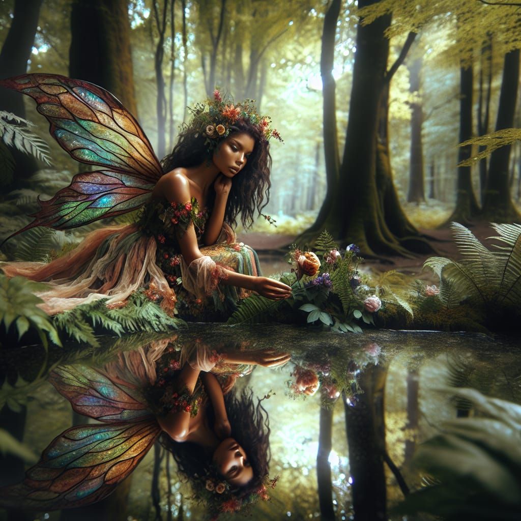 Enchanting Fairy Gazing at Reflection in Forest Pond