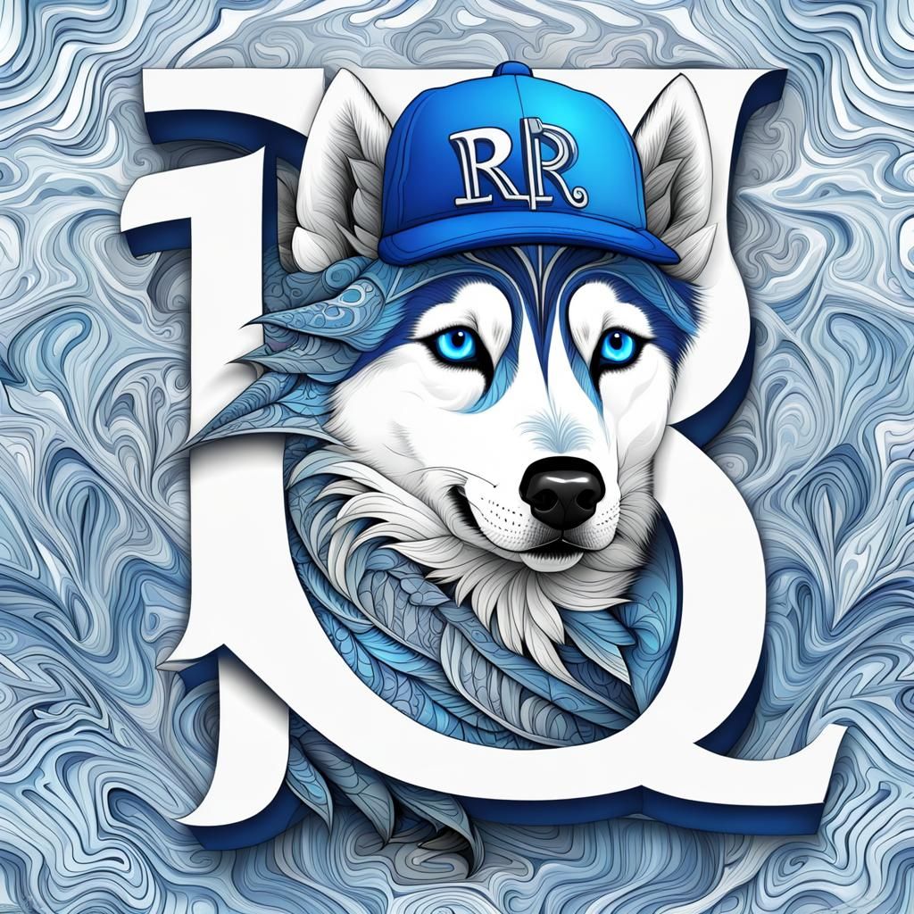 Husky Dog with Blue Jay Cap in Fractal Art