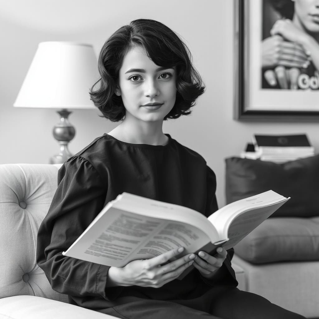 Thoughtful Woman with Book in Black and White