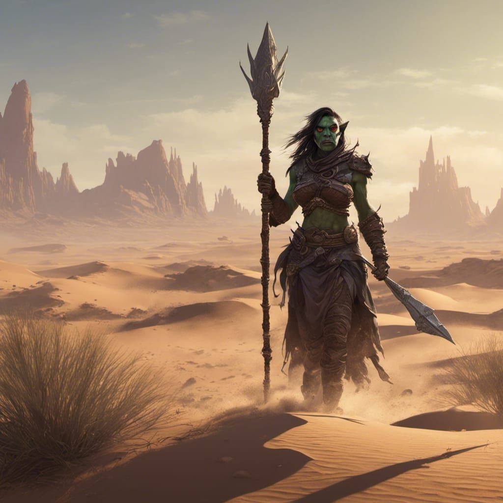Female Orc Warrior in Desert, Dark Fantasy Art