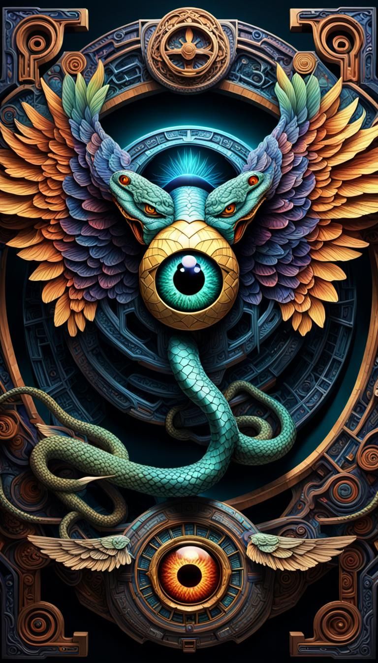3D surreal sacred Geometry image Classic rock band logo, eyeball with wings,