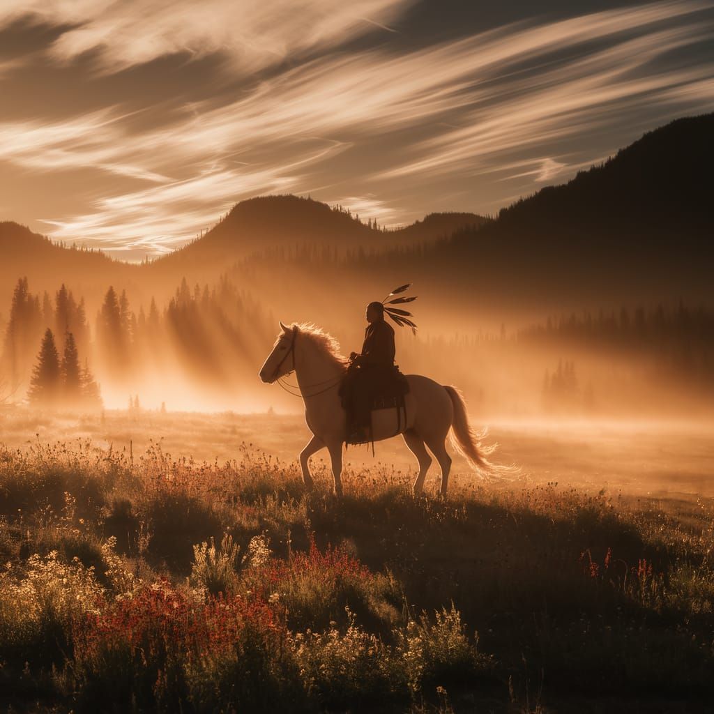 Native American Spirit on Horseback at Golden Hour