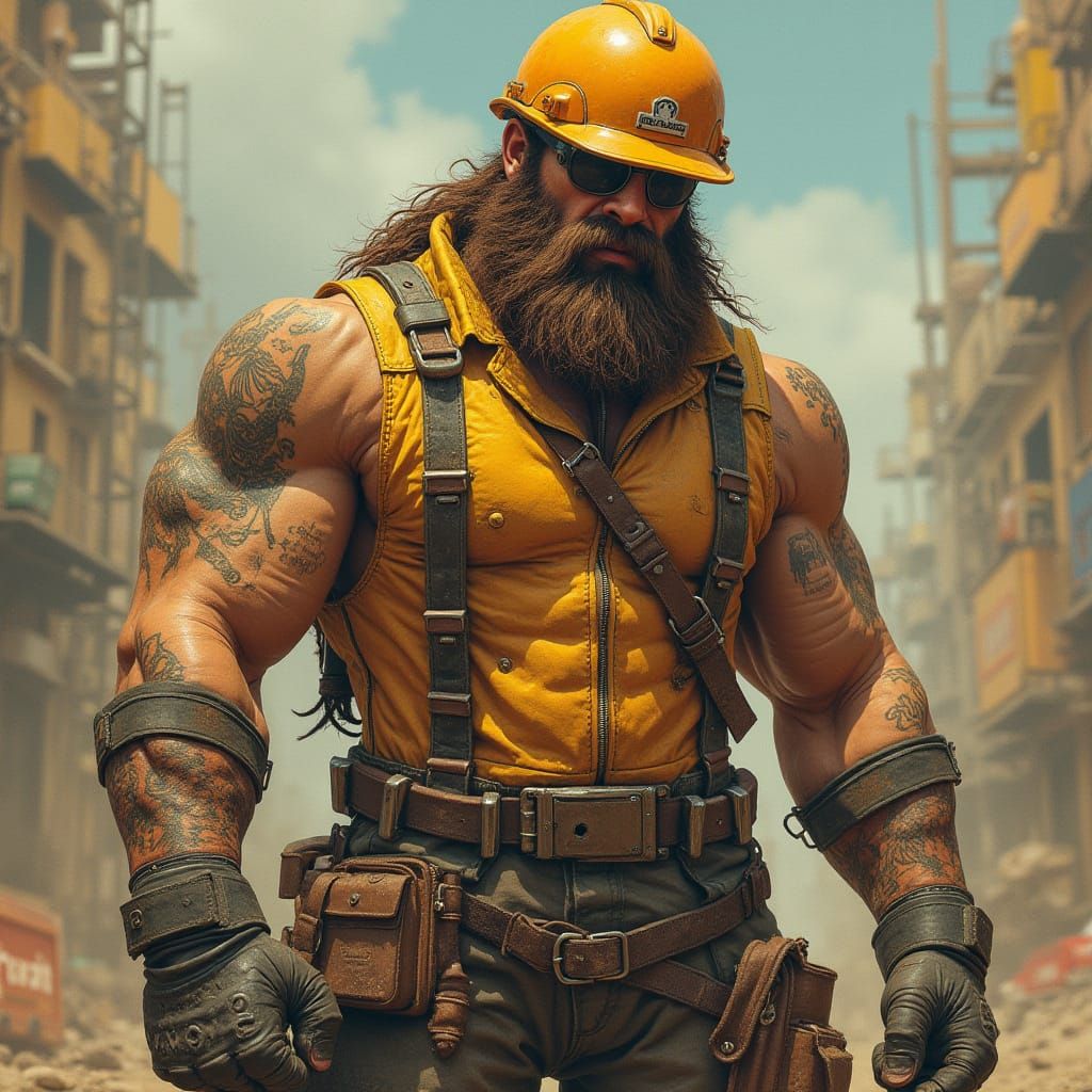 Hyperrealistic Construction Worker with Tattoos and Underwea...