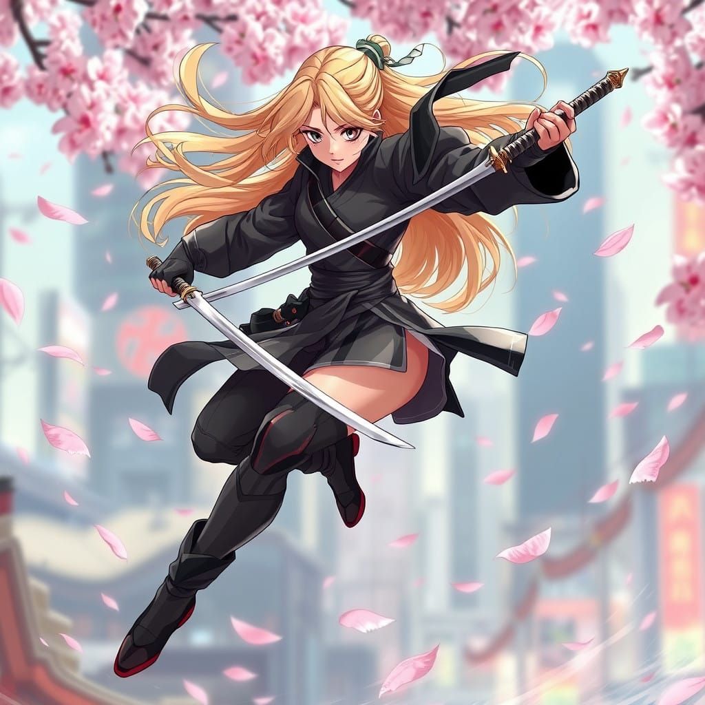 Sleek Ninja Girl Leaps Through Cherry Blossoms in a Vibrant ...