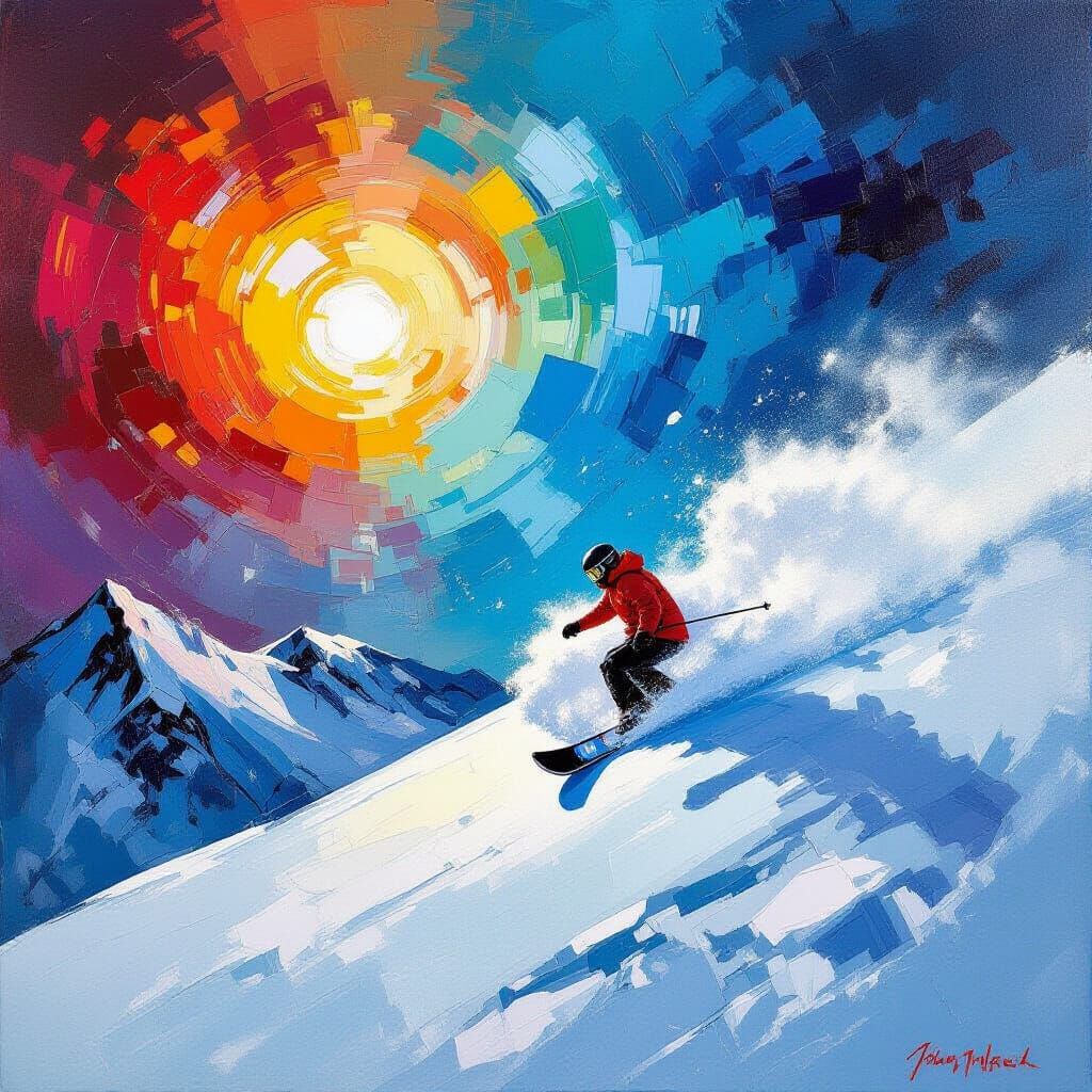 Snowboarder in Abstract Expressionist Style Landscape