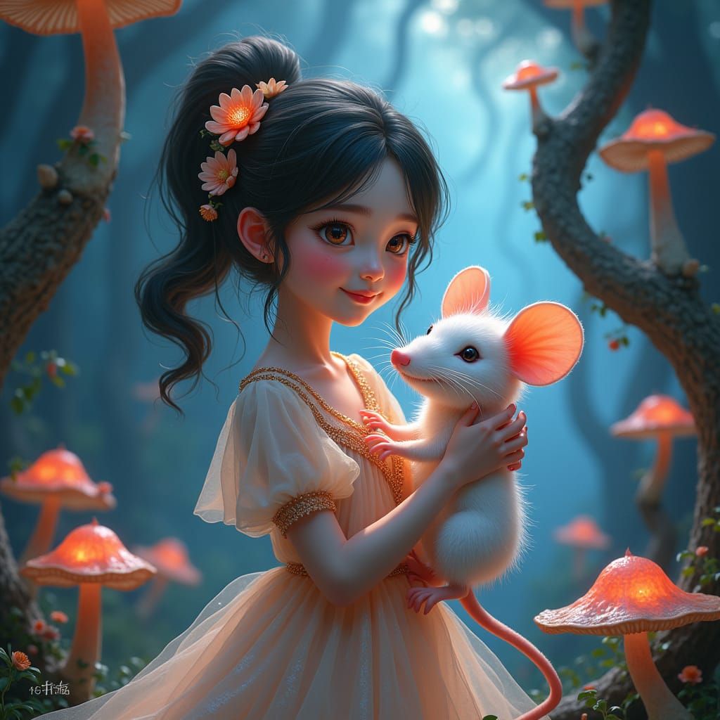 Girl with Ethereal Mouse in Enchanted Forest