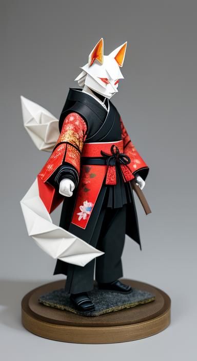 Origami Samurai with Kitsune Mask in Oil Paint