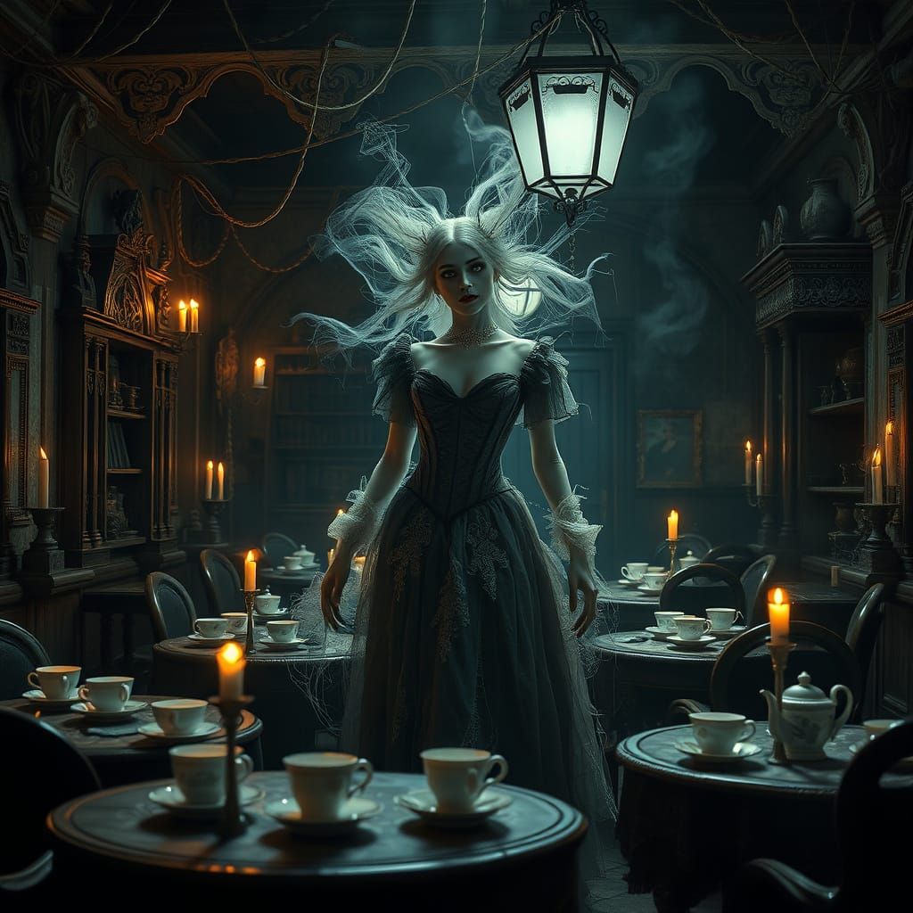 Banshee Tea Master in Decaying Gothic Teahouse