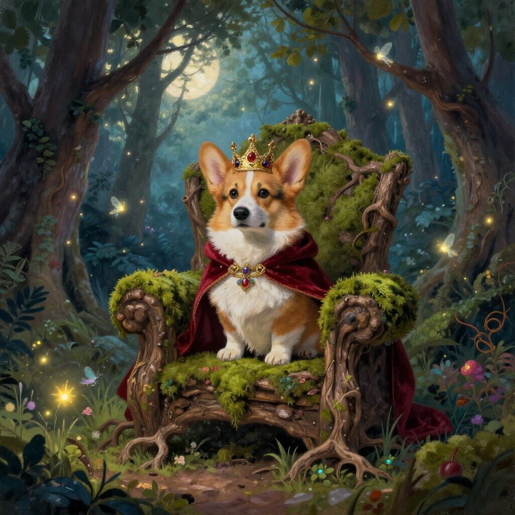 Regal Corgi King in Enchanted Forest