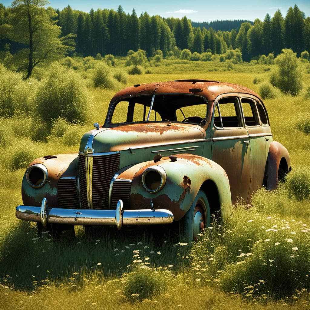 Rusted 1940s Car in Meadow with Dynamic Lighting