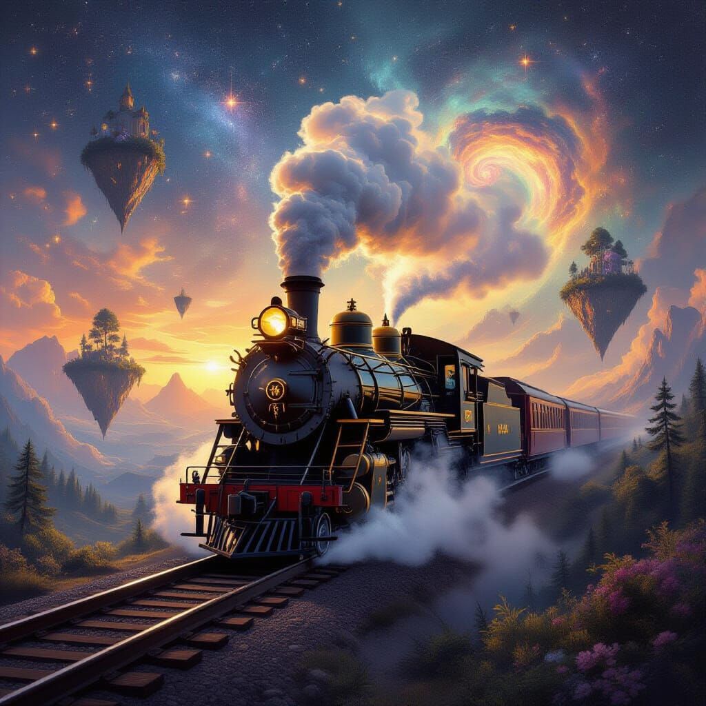 Antique Steam Train Enters Cosmic Vortex in Fantasy Realm