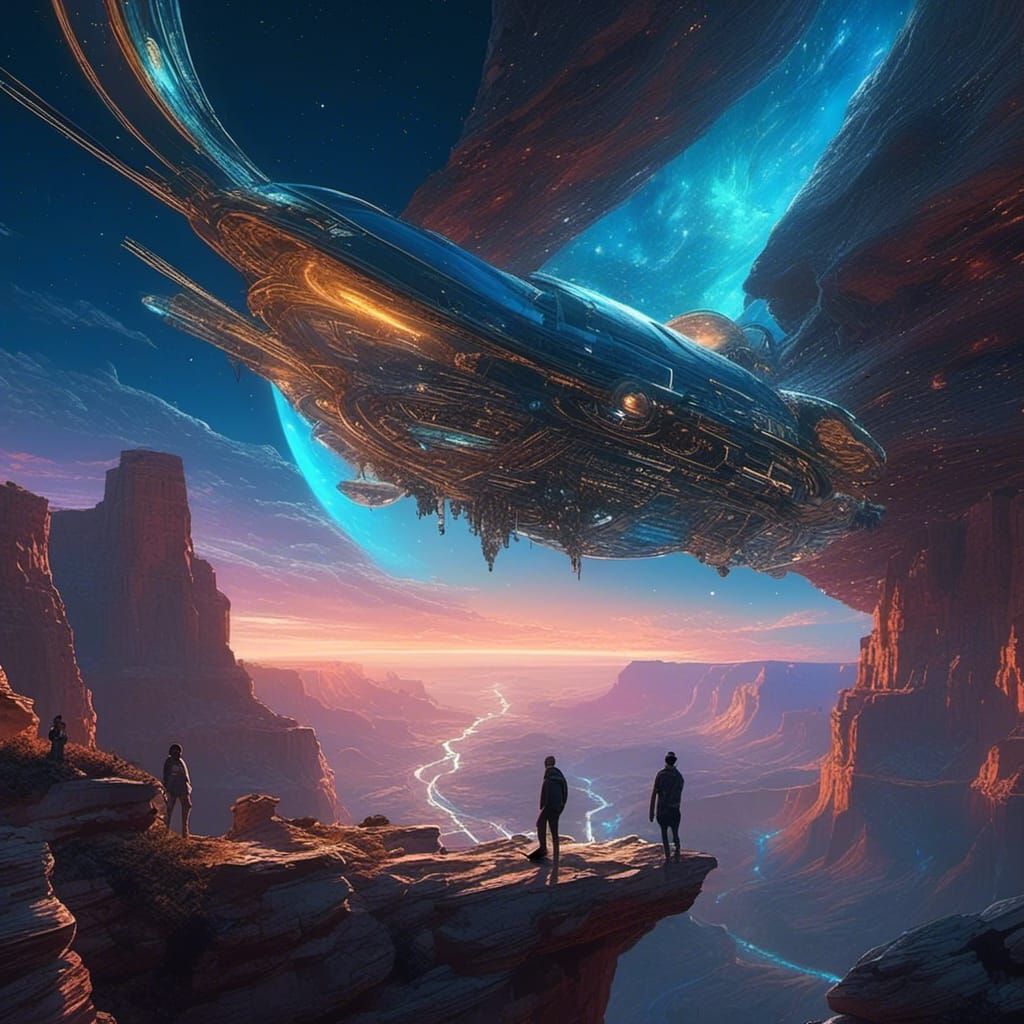 Cyberpunk Spaceship Over Grand Canyon at Sunset