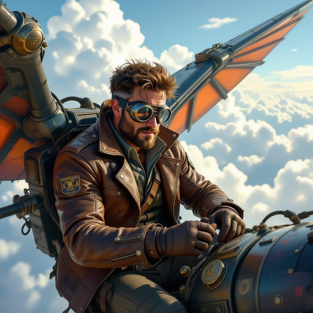 Steampunk Captain Repairs Mechanical Wings in the Sky