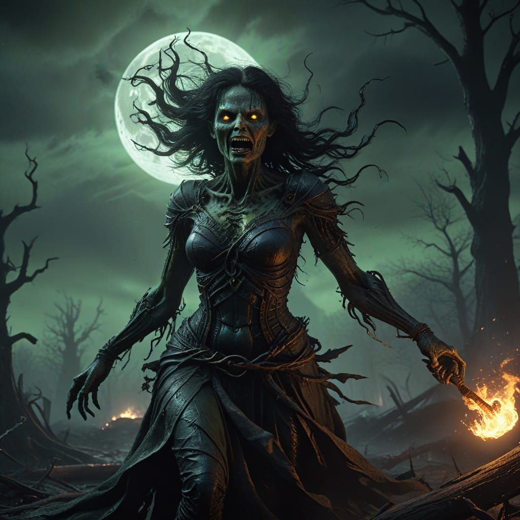 Grotesque Witch Soars Through Dark Skies in Cyberpunk Aesthe...