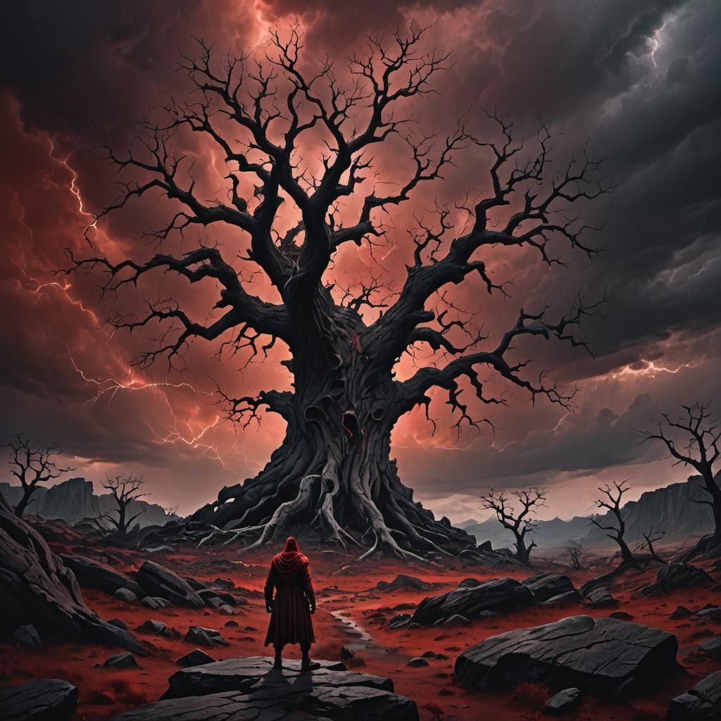 Dark Fantasy Landscape with Crimson Sky