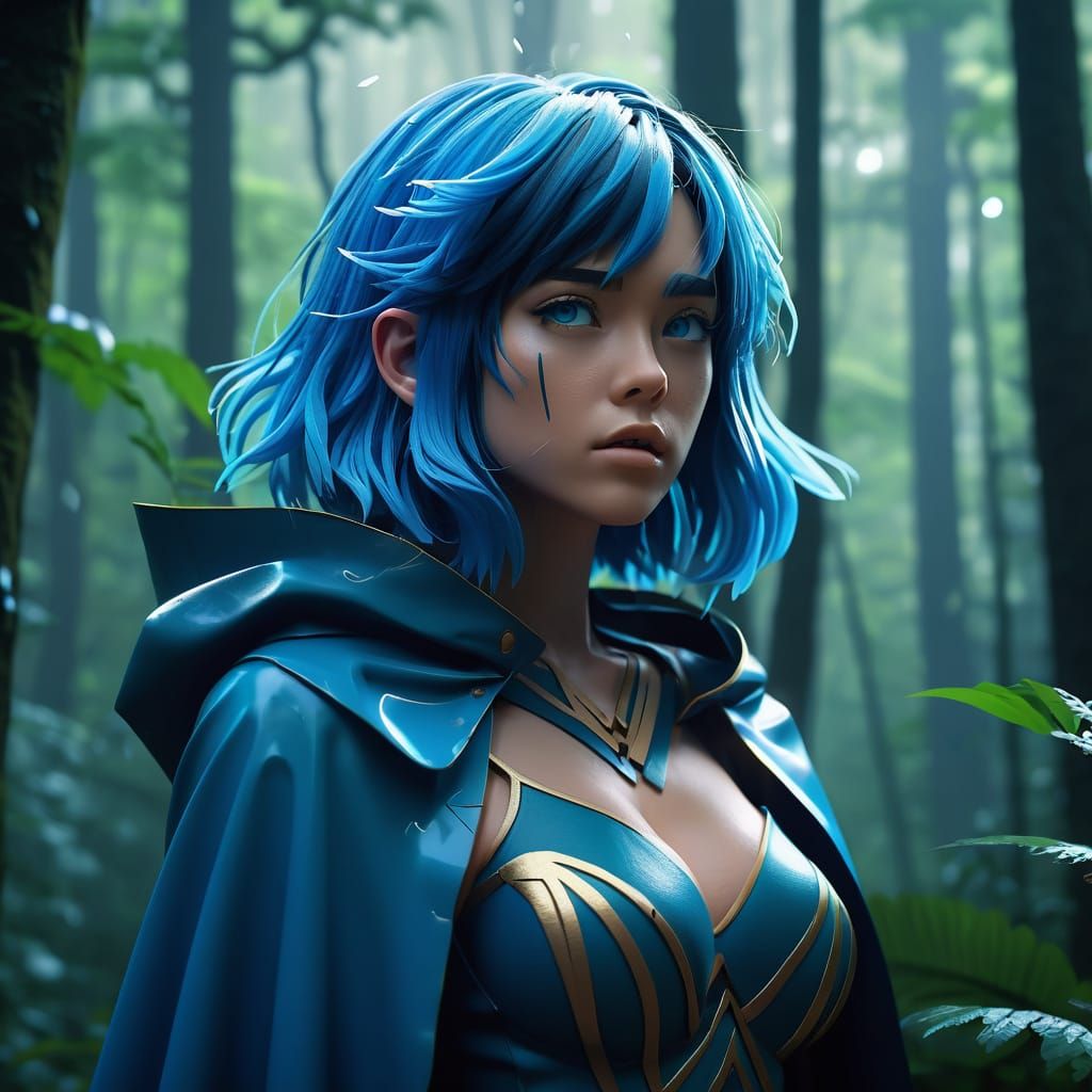 Anime Girl in Stormy Forest, Cel-Shaded Style