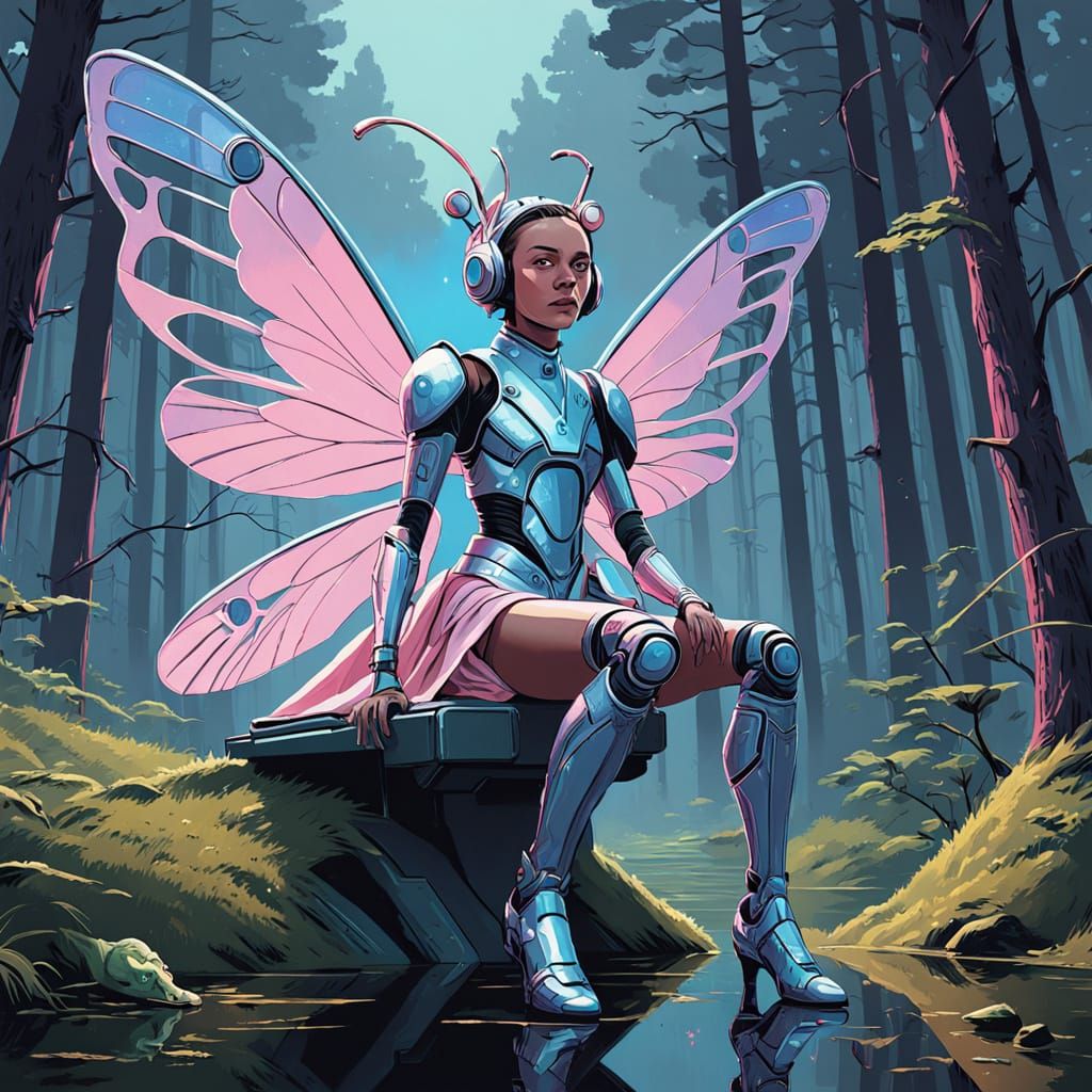 Futuristic Fairy and Frog Warrior in Neon Forest