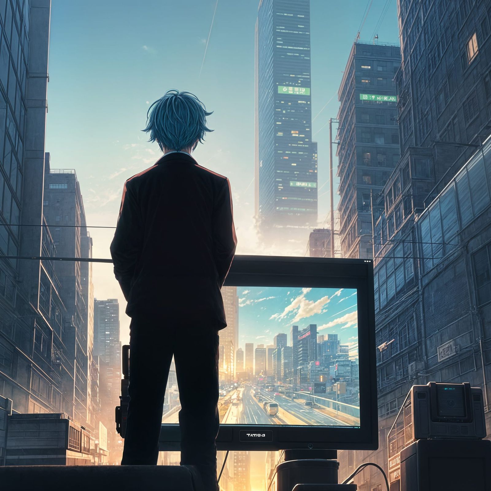 Gamer in City Street, Cel-Shaded Anime Style