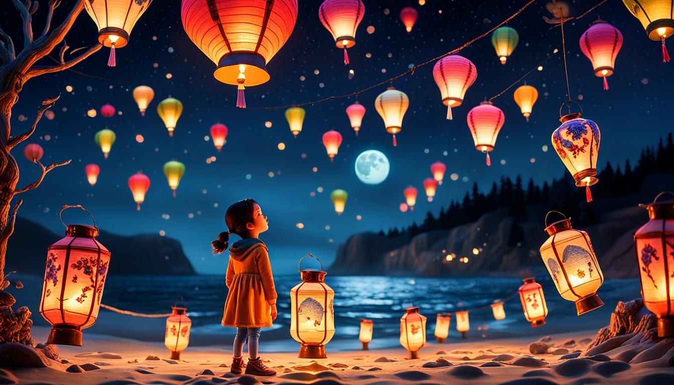 Magical Lanterns Light Up Moonlit Sky