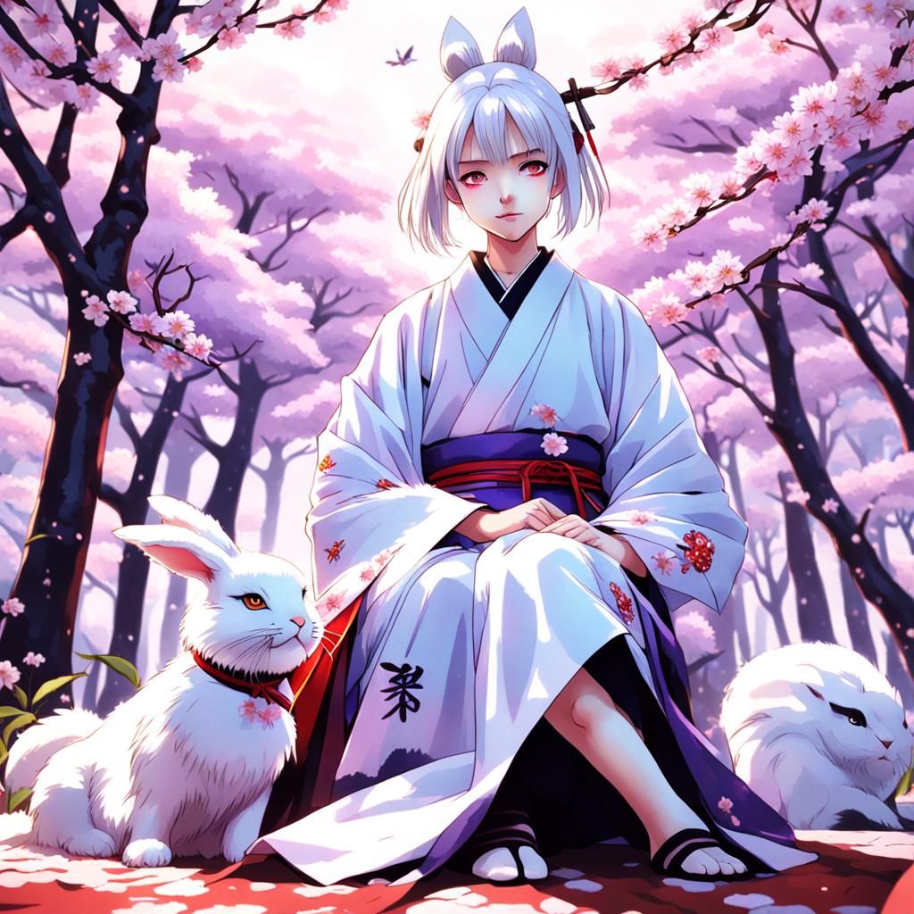 Samurai Girl Meditating in Cherry Blossom Forest