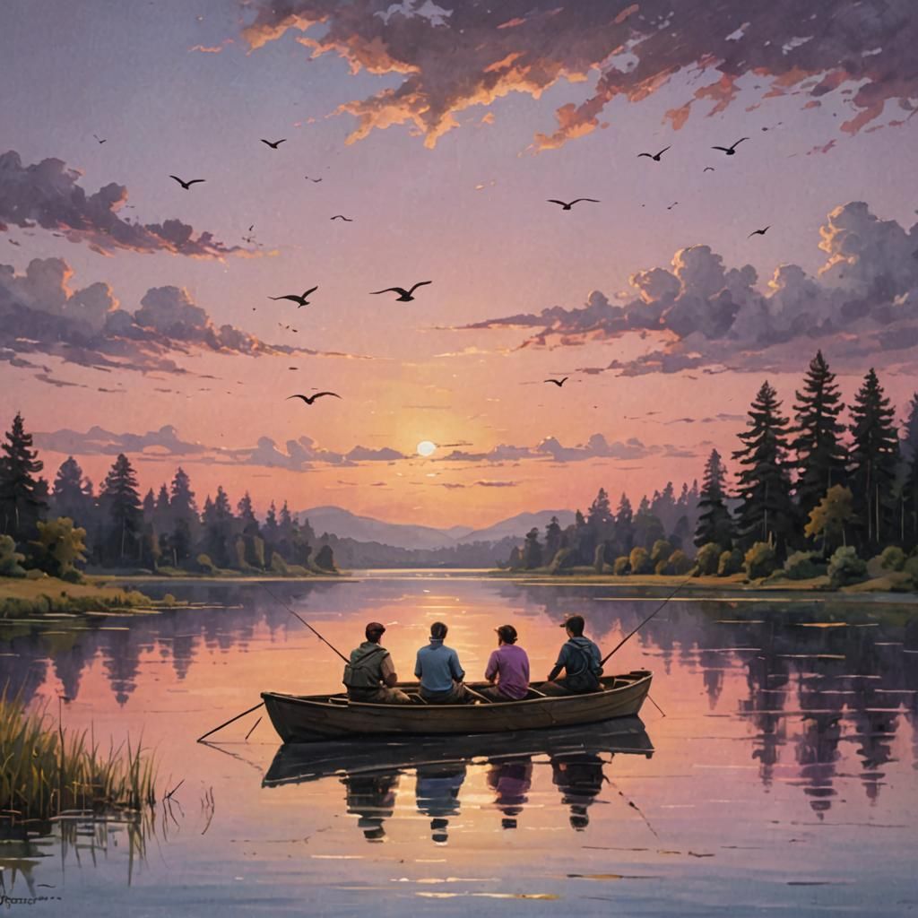 Friends Fishing on Yacht at Sunset Lake
