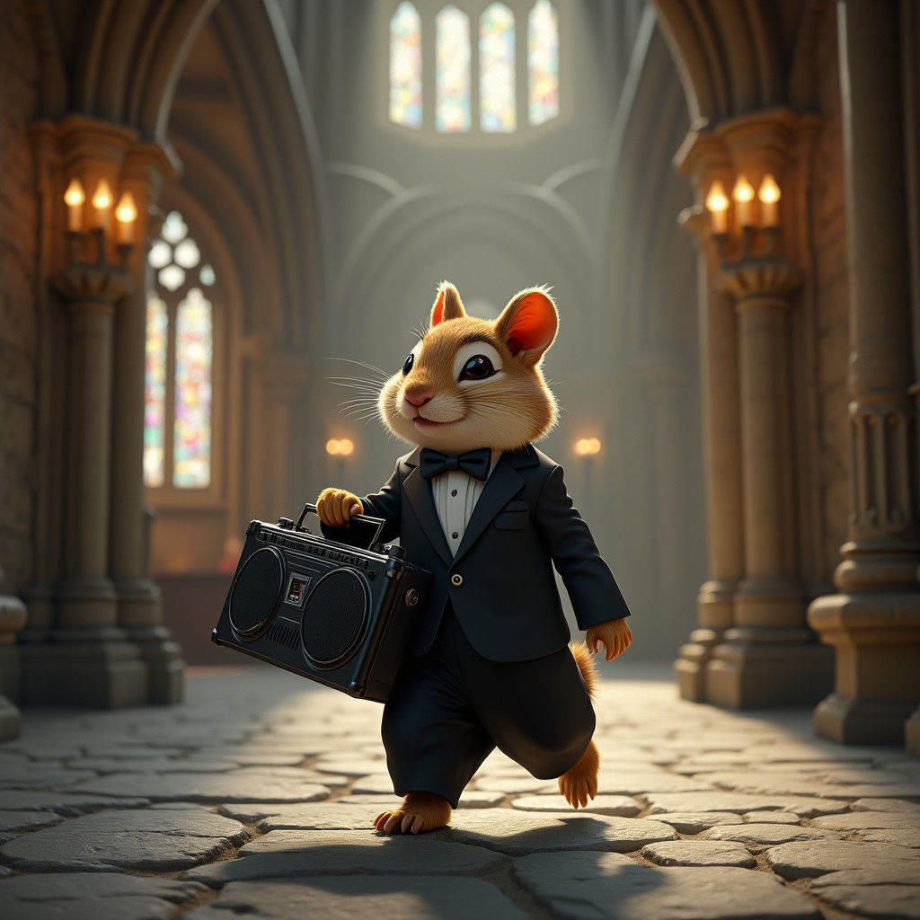 Chipmunk Tuxedo: Gothic Abbey Meets Sci-Fi Concept Art