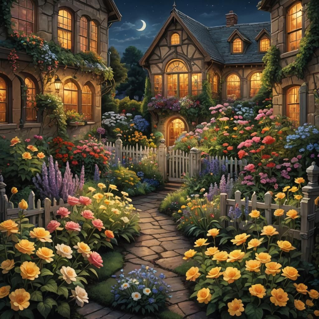 English Garden at Night in Luminist Style