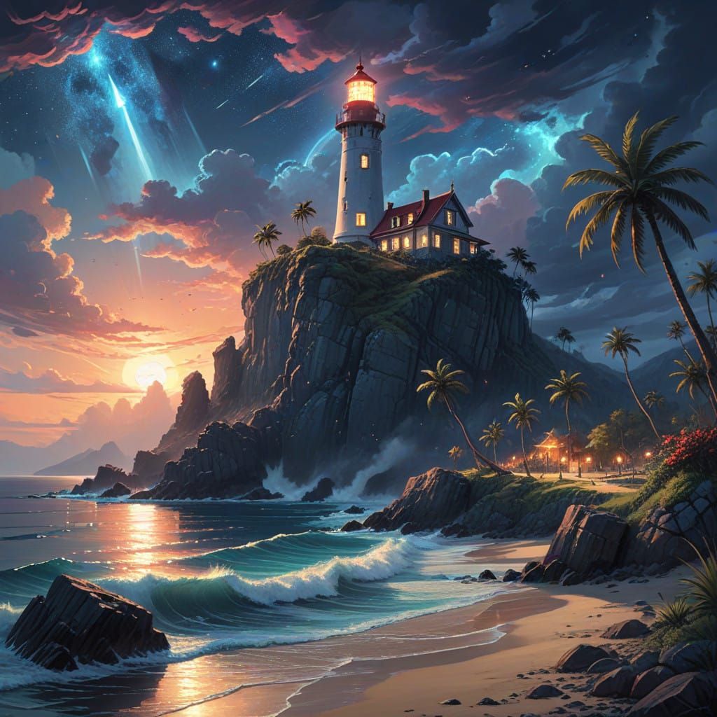 Surreal Fantasy Lighthouse Dominates Tropical Beach Under Mi...