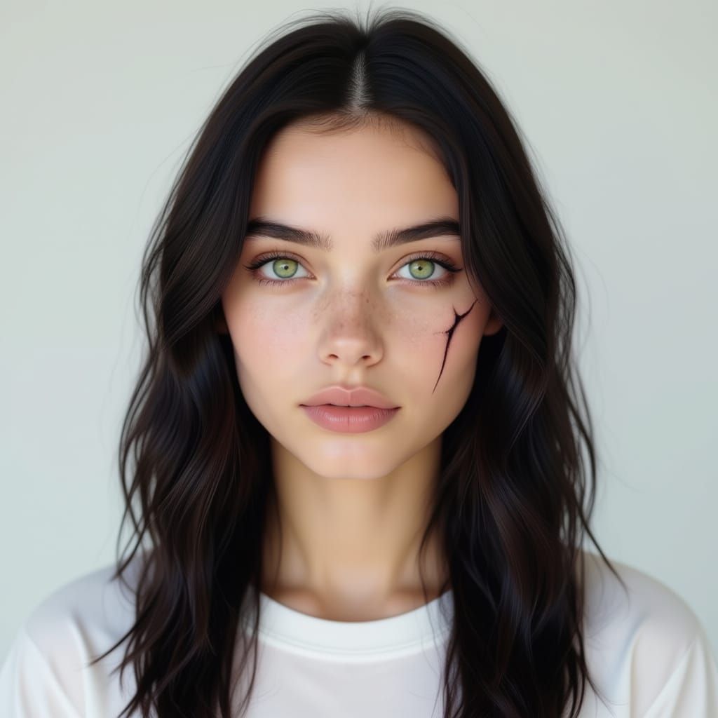 Pale Girl with Jagged Scar and Inky Black Hair