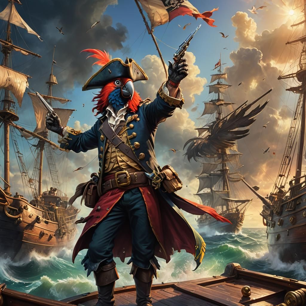 Anthropomorphic Parrot Pirate Captain on Stormy Seas