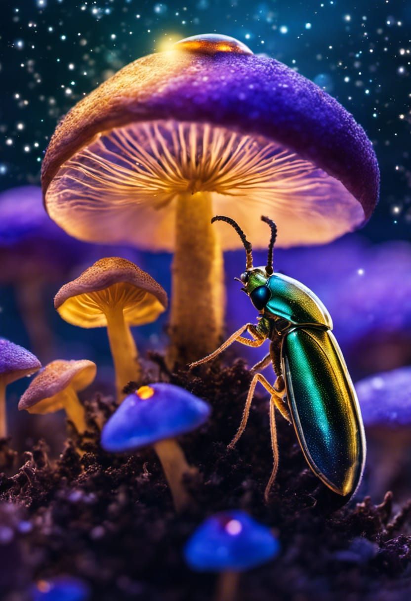 Jewel Beetle Crawling Under Bioluminescent Mushrooms