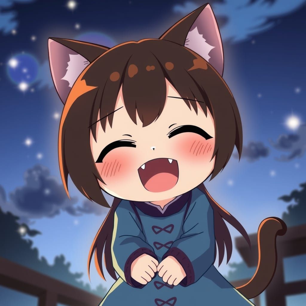 Anime Chibi Catgirl Singing in the Night