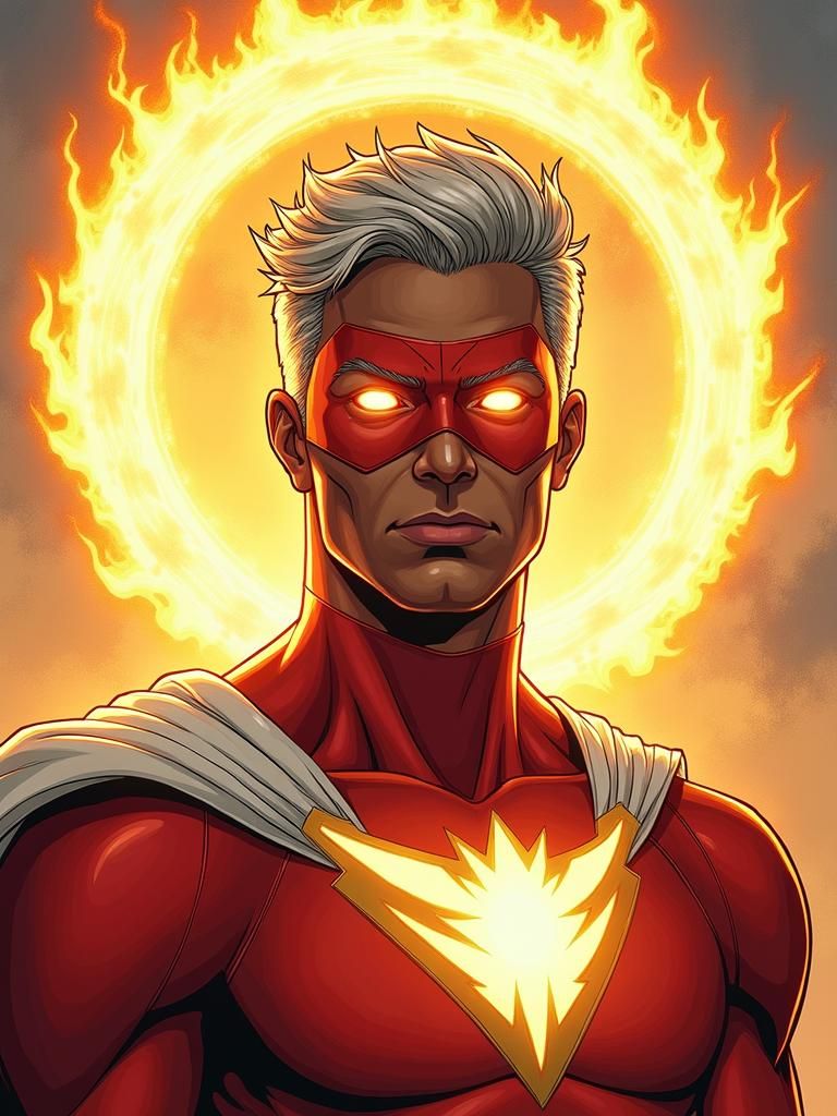 Dynamic Superhero with Fiery Crown, Comic Book Art