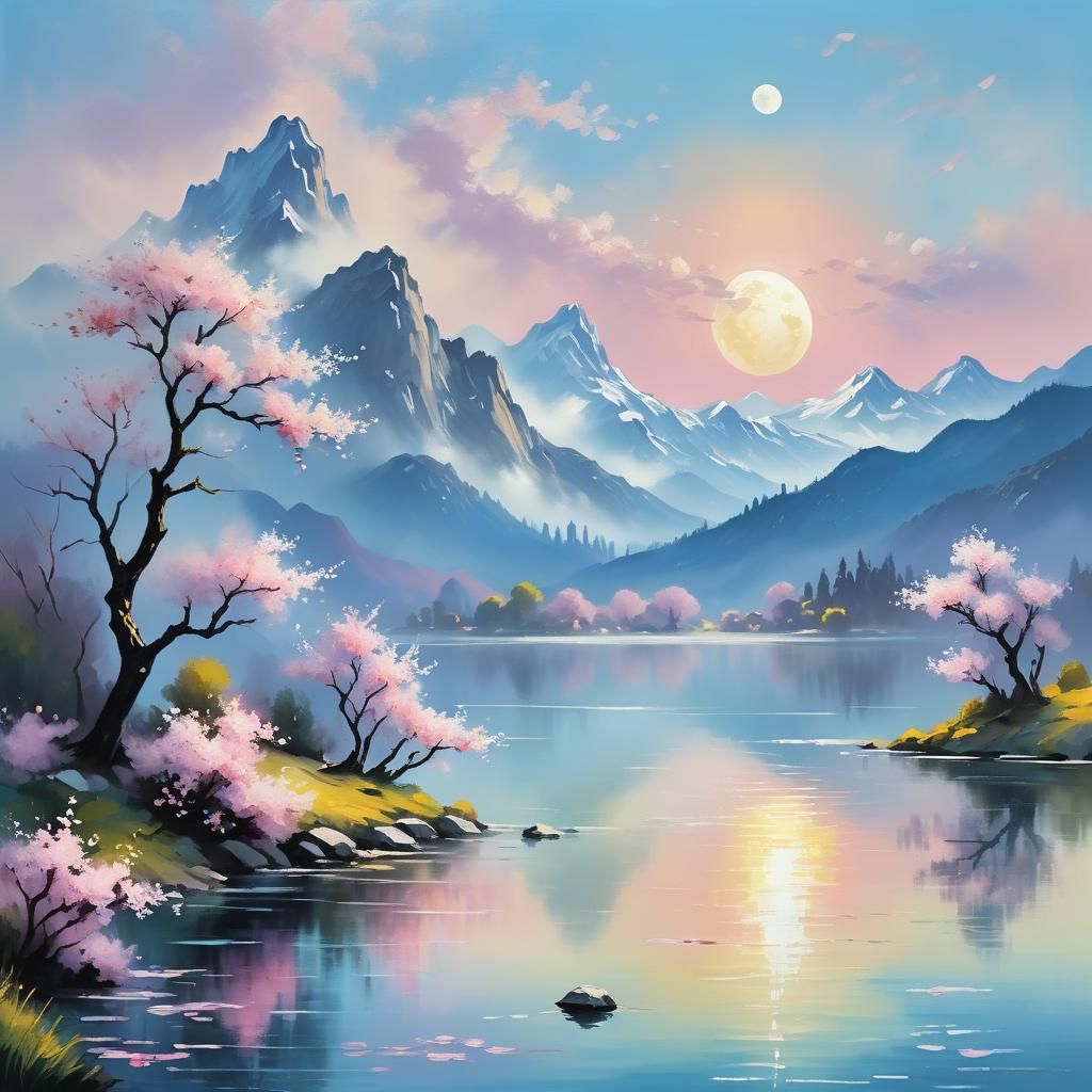 Misty Mountains at Dawn with Vibrant Lake and Cherry Blossom...