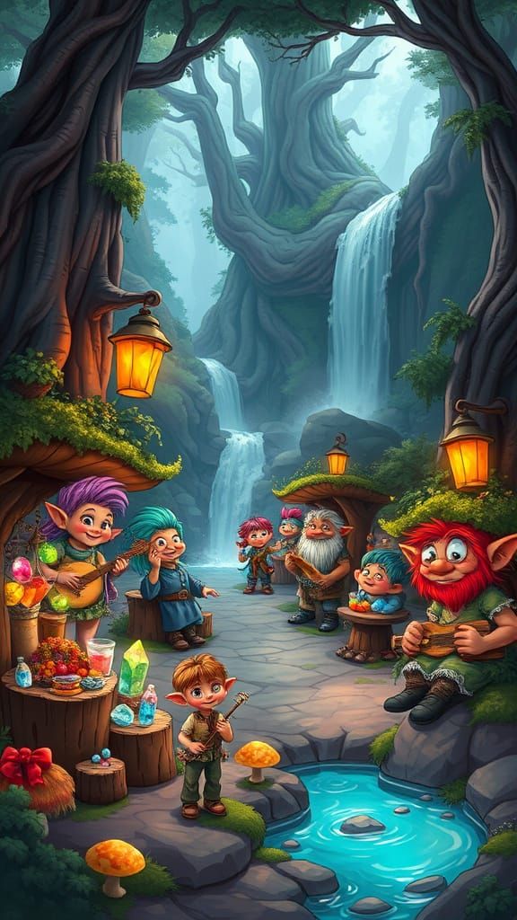 Vibrant Troll Market in Mystical Forest Clearing
