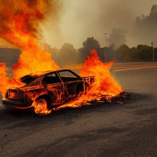 Burning Car Engulfed in Flames: Cinematic Digital Art