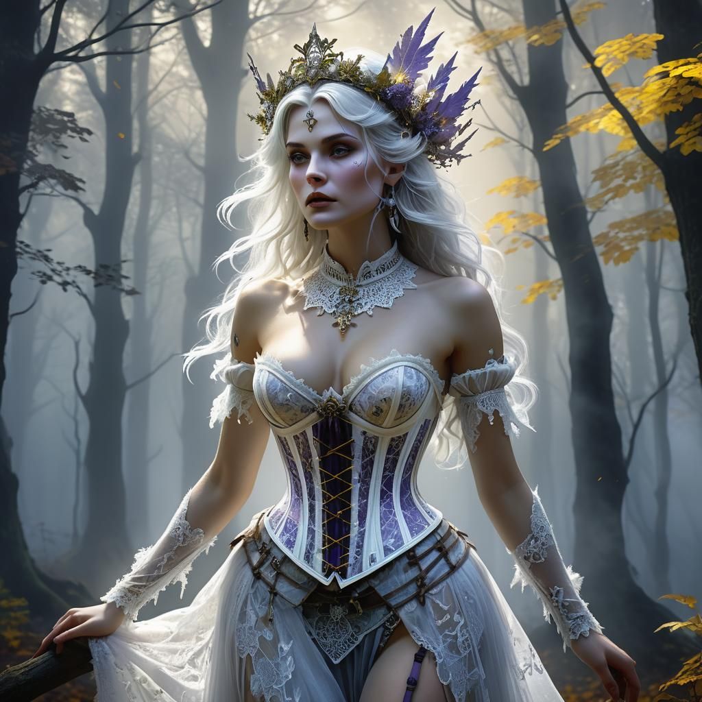 White Witch in Misty Woods, Dark Fantasy Art