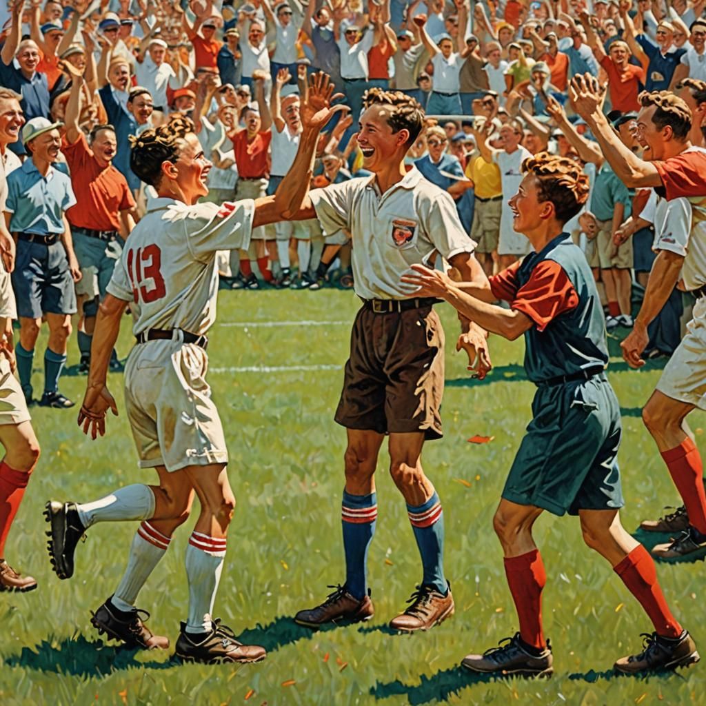Art by Norman Rockwell, high five shared between two young soccer players celebrating a goal, vibrant field background, ...