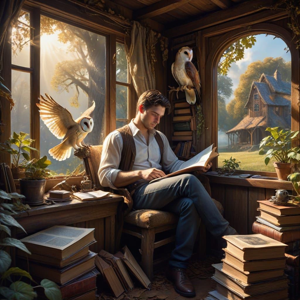 Watercolor: Man Reading with Owl in Treehouse