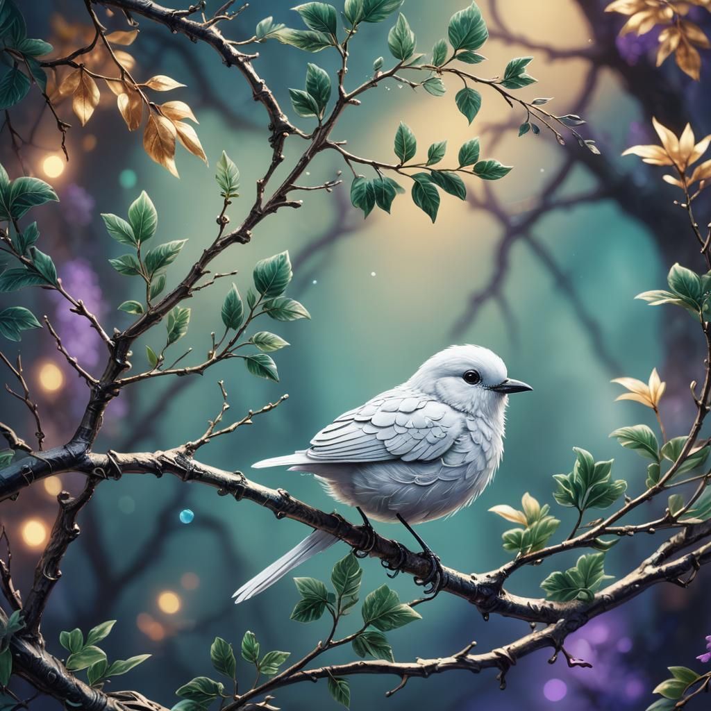 Tiny White Bird on Silver Branch: Fantasy Matte Painting