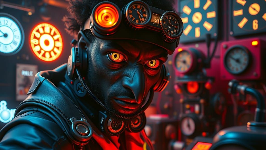 afropunk John Clock time scientist in lab with Hawk eyes stare noon Epic cinematic light 8k portrait pixar style charac...