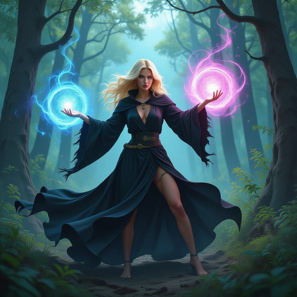 Blonde Witch Casting Storm Spell in Pablo Amaringo Style