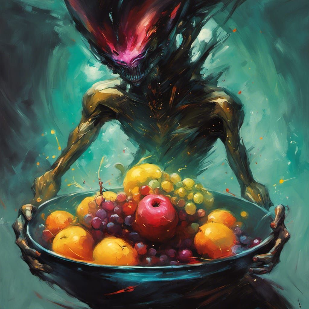 Alien Offering Fruit Bowl: Sci-Fi Bioluminescent Art
