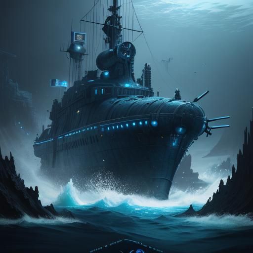 Underwater Submarine with Blue Star, Digital Matte Painting