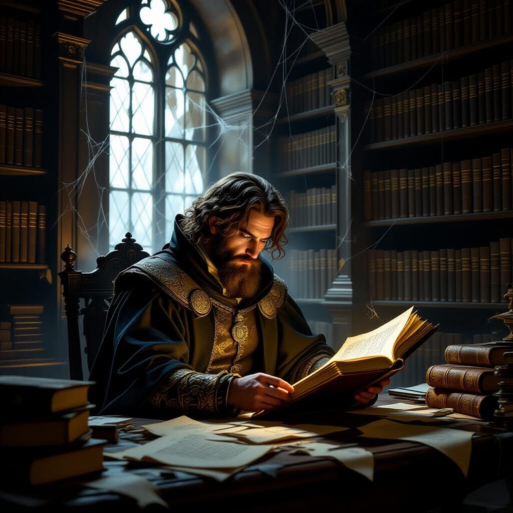 Scholar Reads Forbidden Tome in Dimly Lit Library